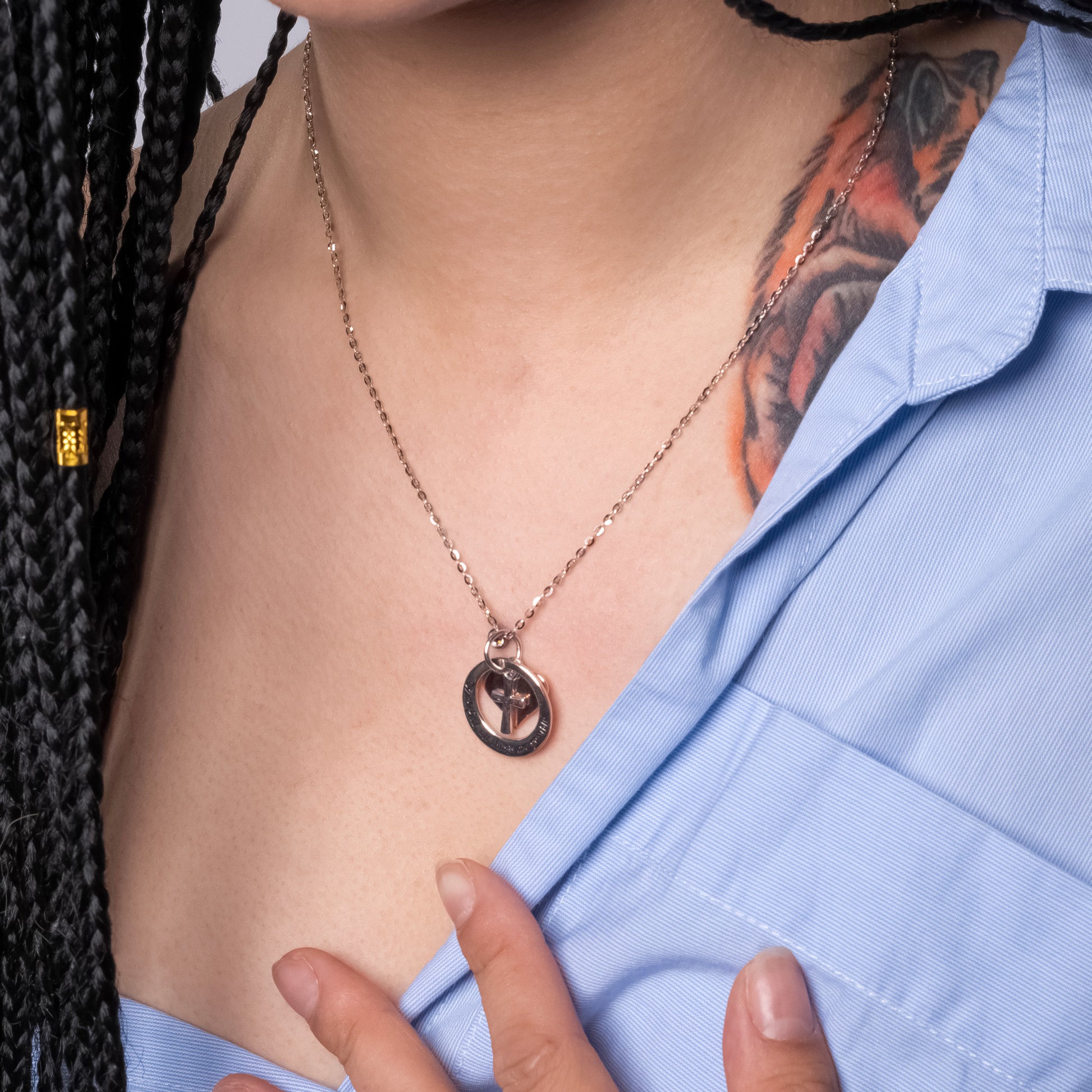 Model wearing Everything Is Possible pendant paired with Flat Cable necklace