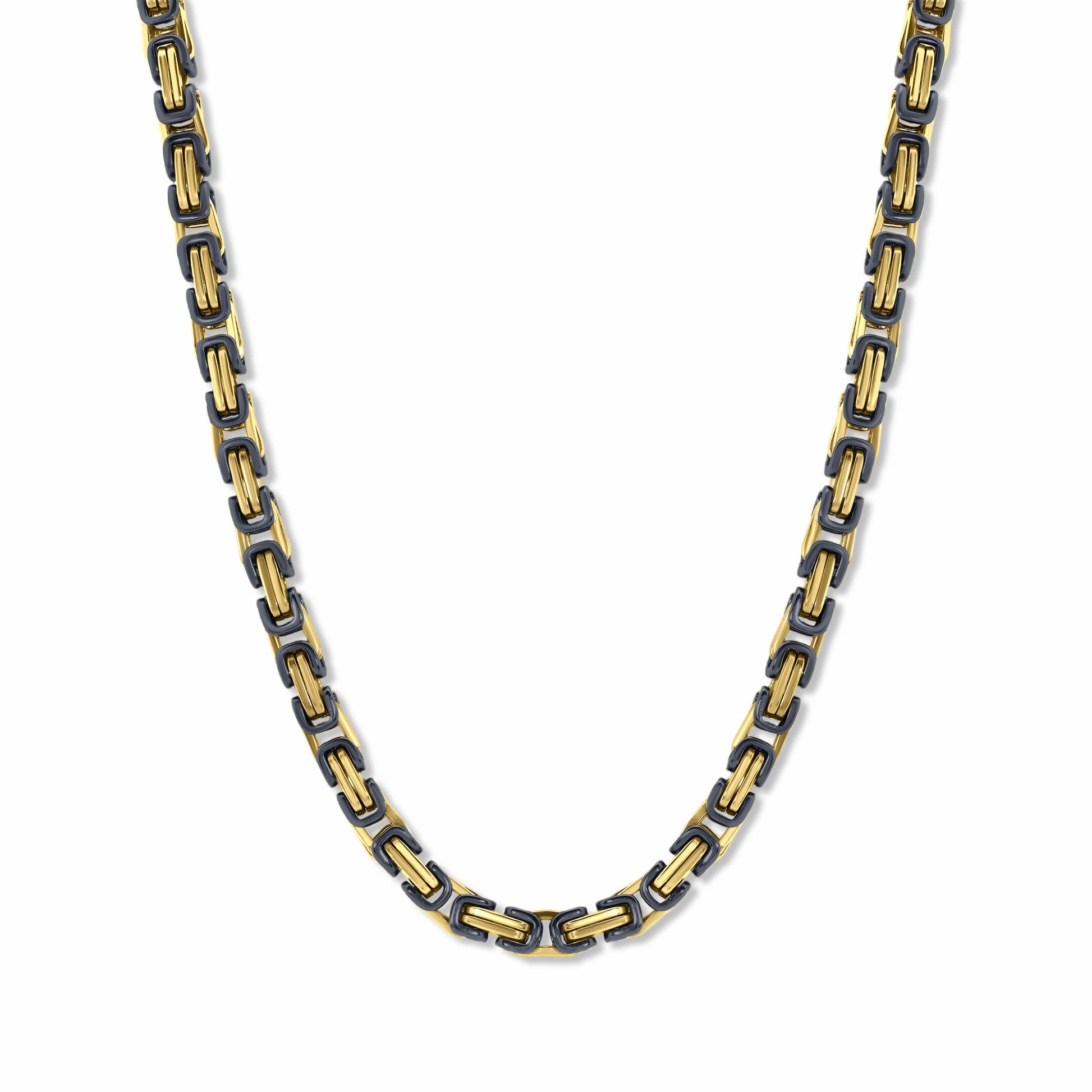 Byzantine Box Link Chain Gold Black 5mm on white background. Luxury tarnish-free Men's Chain.