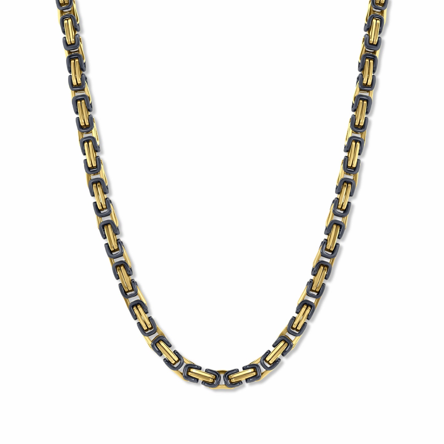 Byzantine Box Link Chain Gold Black 5mm on white background. Luxury tarnish-free Men's Chain.