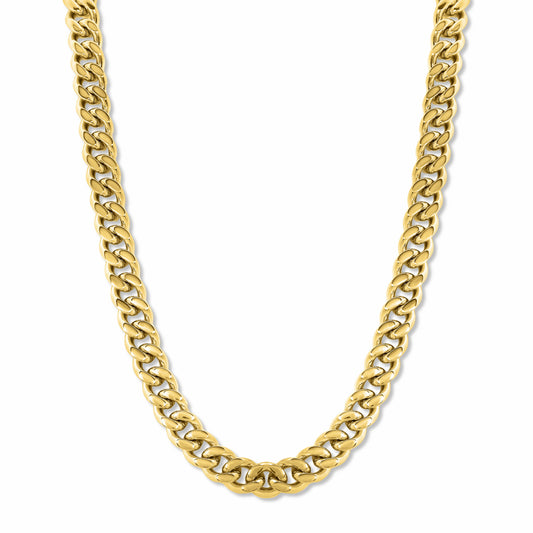 Cuban Chain Gold 8mm on white background. Statement lifetime men's jewellery.
