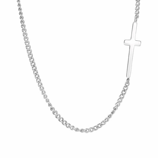 Asymmetric Sideways Cross Silver Necklace