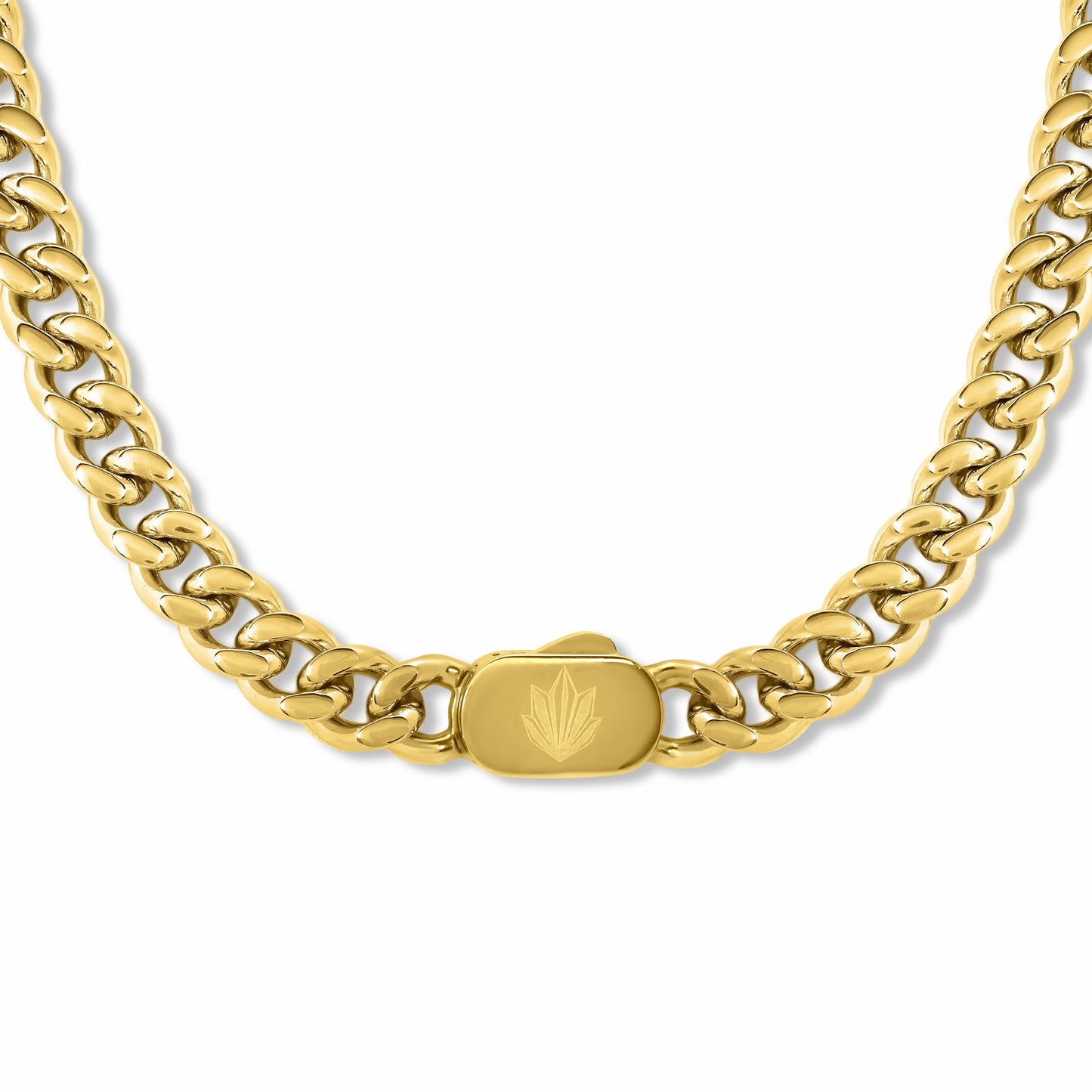 Cuban Chain Gold 8mm - clasp with engraved logo tag on white background