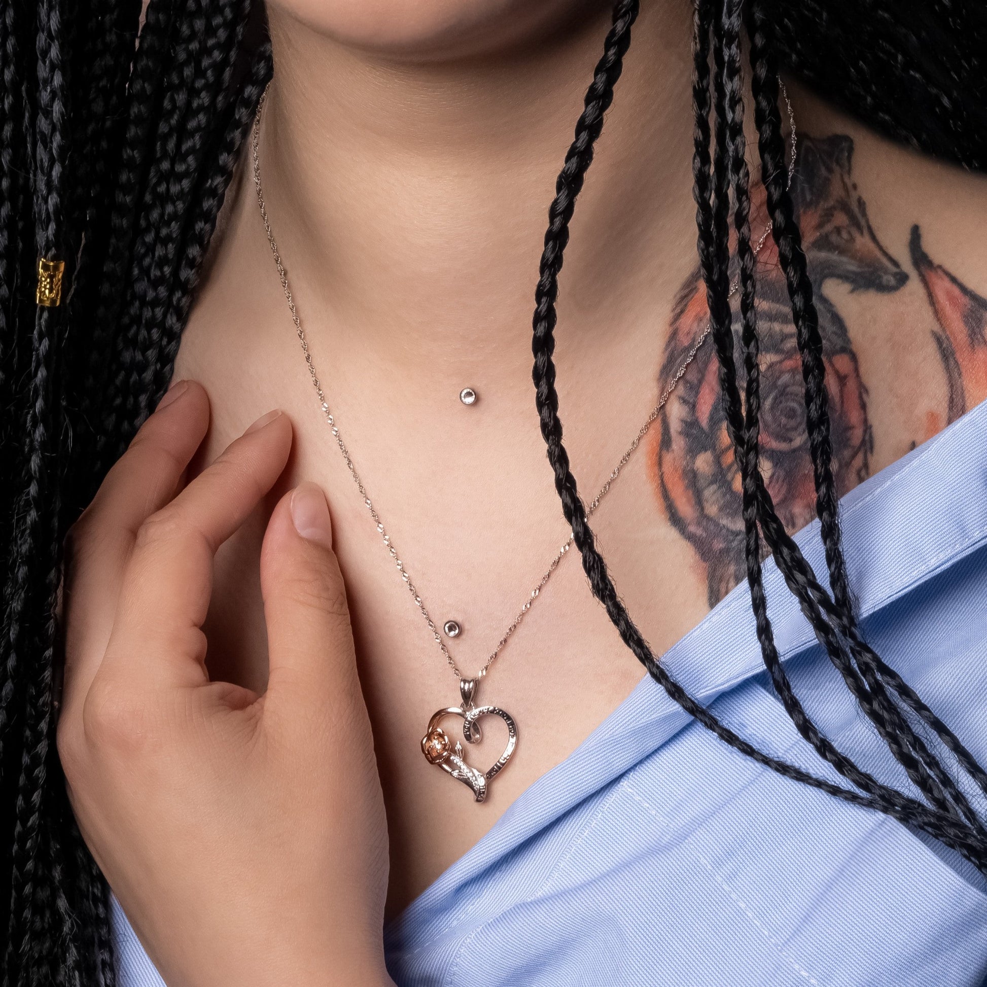 Model wearing Rose Heart Engraved Pendant