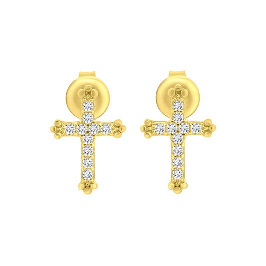 Cross CZ Gold Stud Earrings