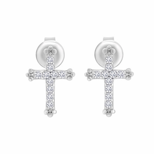 Iced Cross Silver Stud Earrings