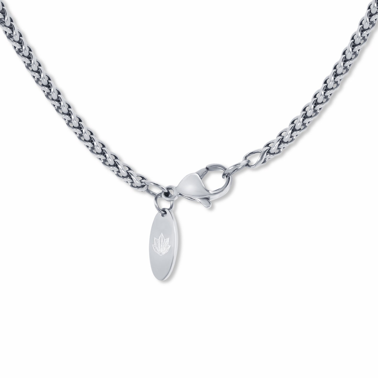 Spiga Chain Silver 3mm clasp with engraved logo tag on a white background