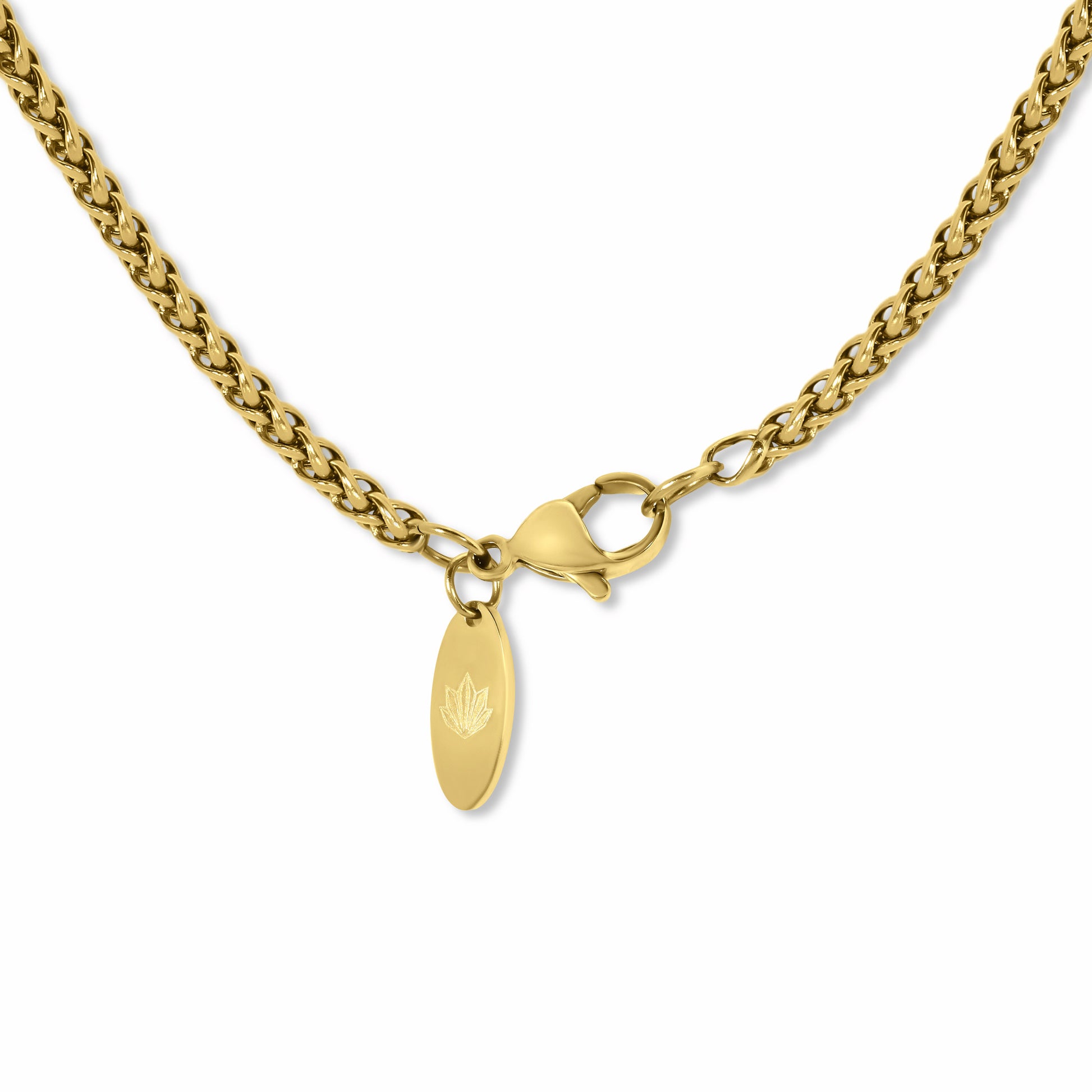 Spiga Chain Gold 3mm clasp with engraved logo tag on a white background