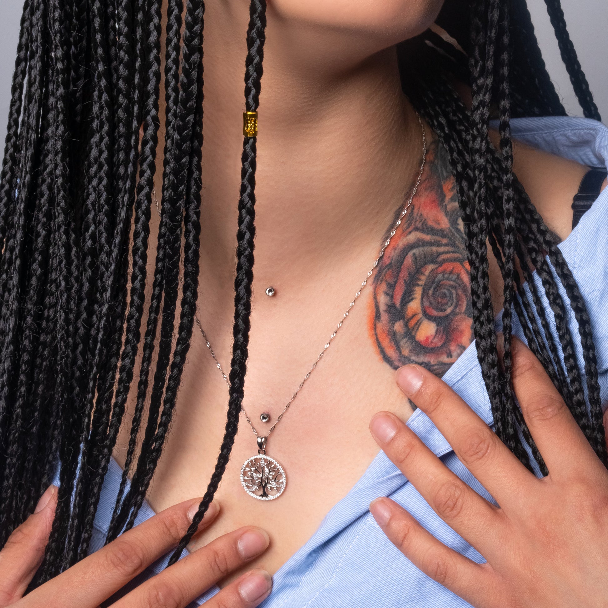 Model wearing Iced Tree of Life Silver Pendant with Water Wave Necklace.