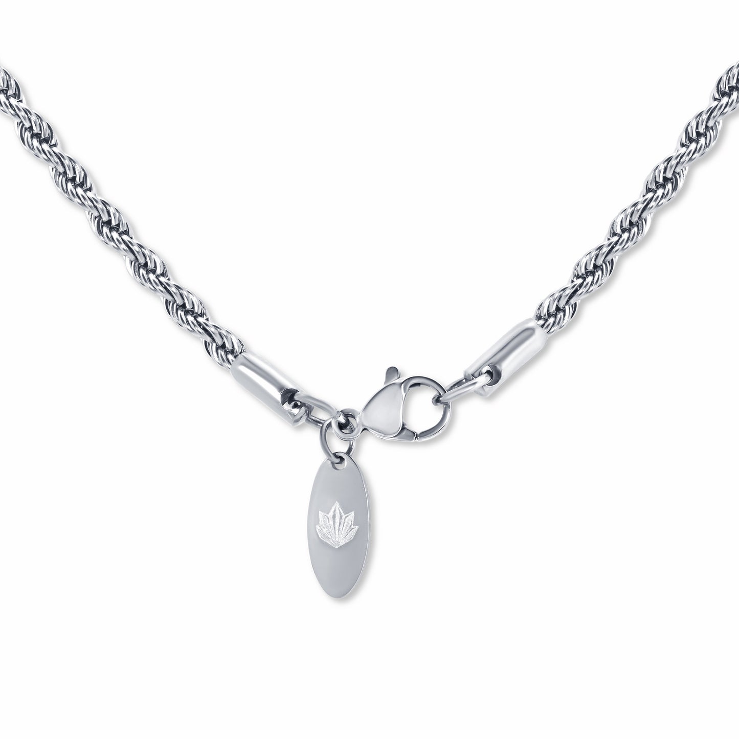 Rope Chain Silver 3mm clasp with engraved logo tag on a white background