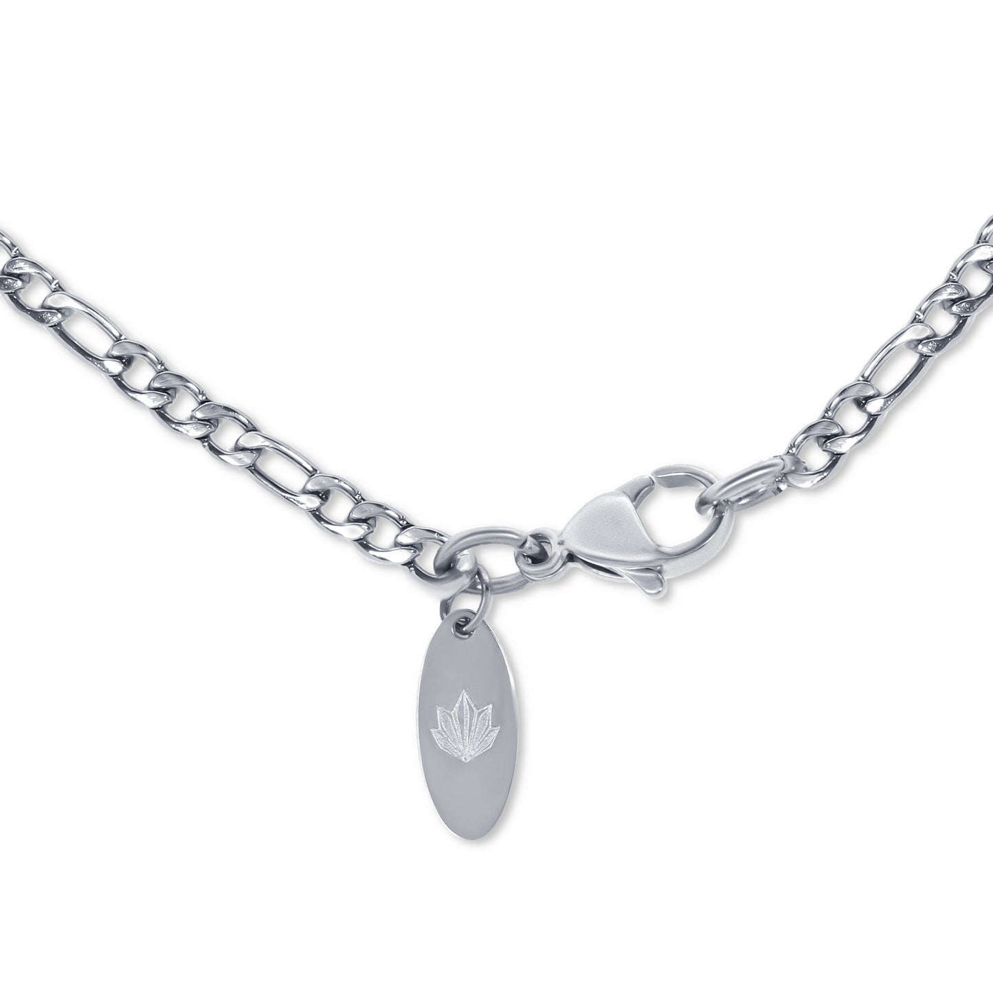 Figaro Link Chain Silver 3mm - clasp and brand logo tag on white background