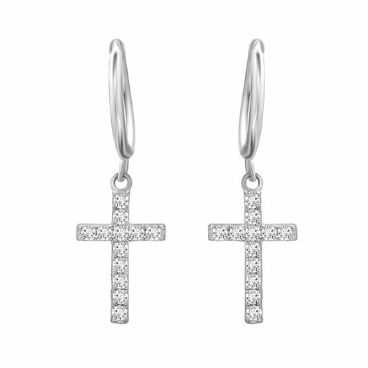 Products Cross Hoop CZ Silver Earrings