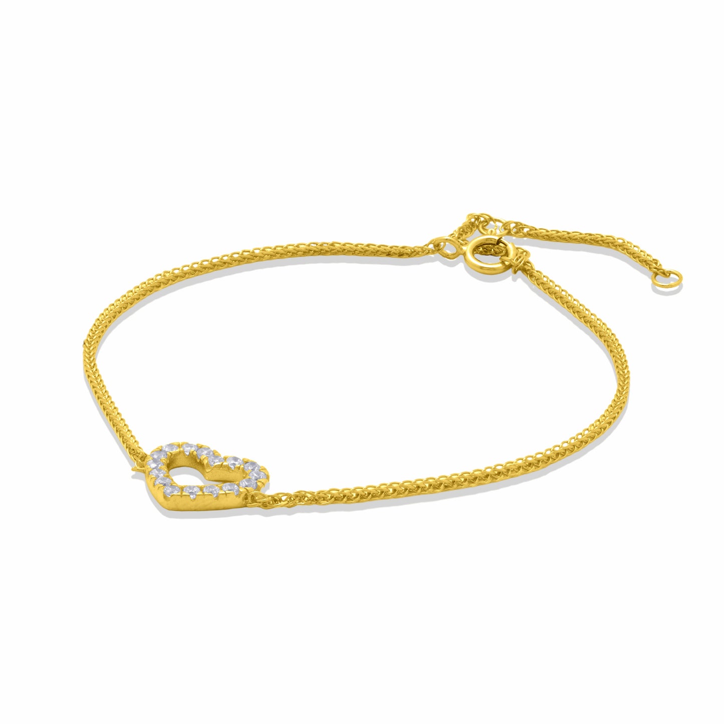Love Heart CZ Gold Bracelet on white background.