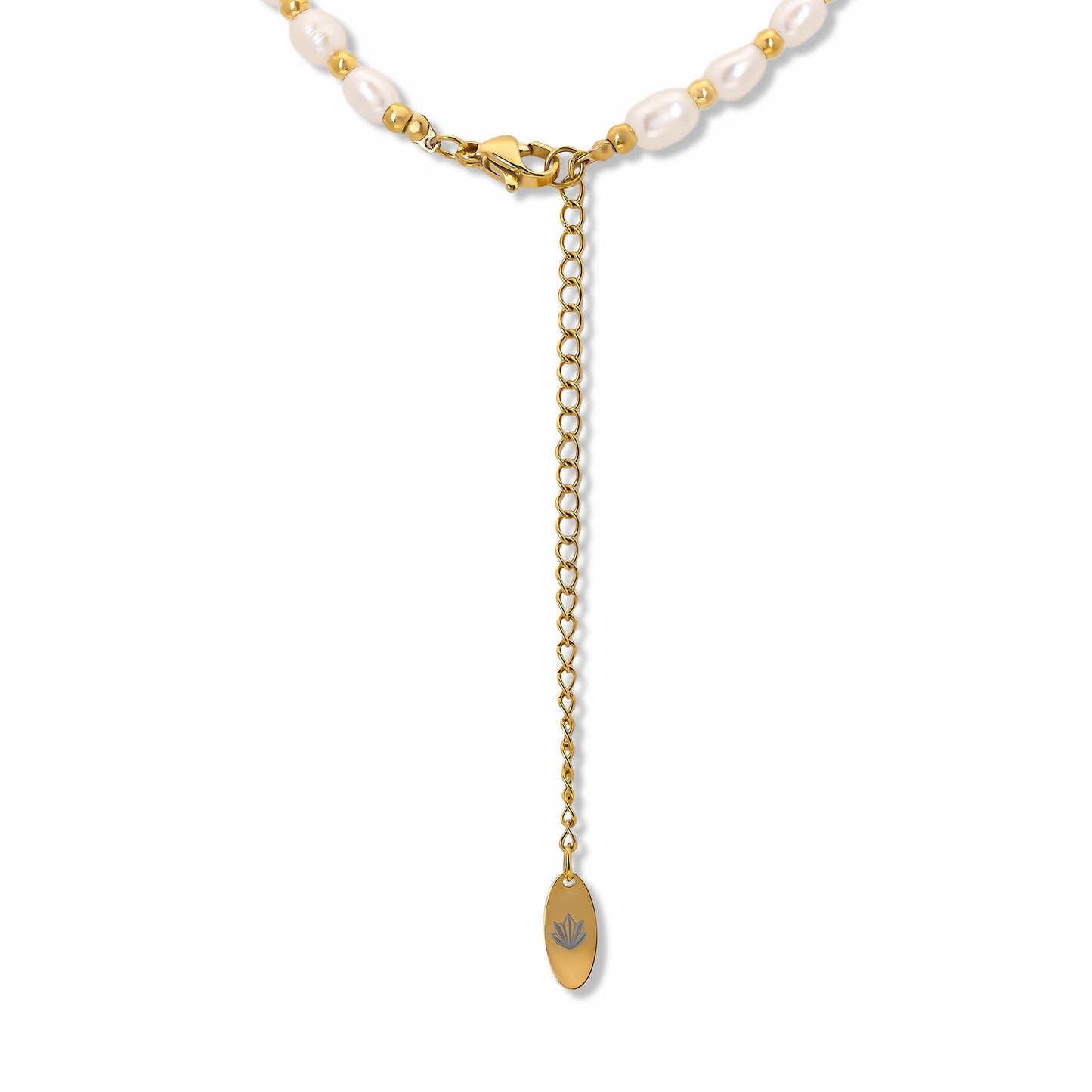 Gold Bead Pearl Necklace back side with clasp, extender with Crysttal logo tag