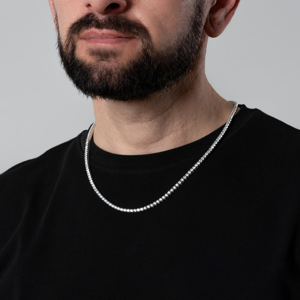 Bearded male model in a black t-shirt wearing Cubic Zirconia 3mm Silver Tennis Necklace