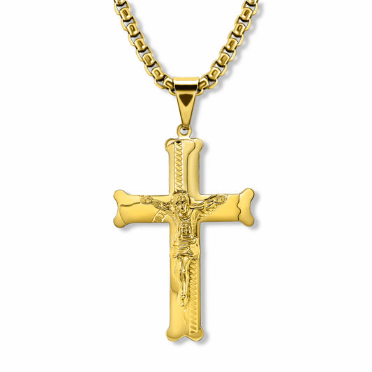 Bliss Crucifix Cross Gold Pendant with 3mm Round Box link Gold chain on white