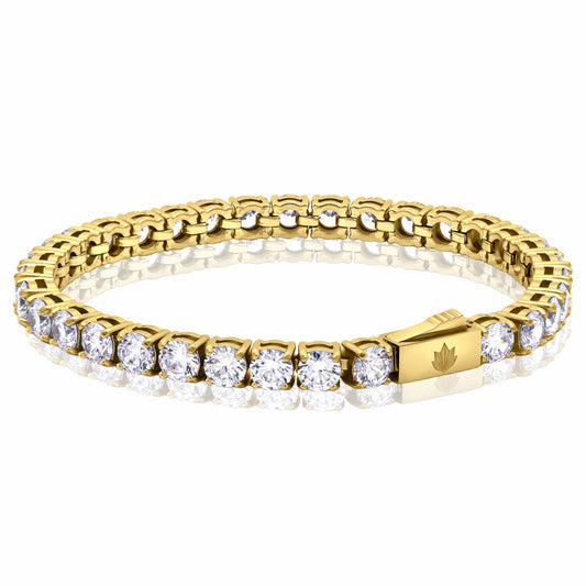 Tennis Gold Bracelet 5mm Round Cut AAAAA Cubic Zirconia crystals tarnish-free and waterproof on a white background.