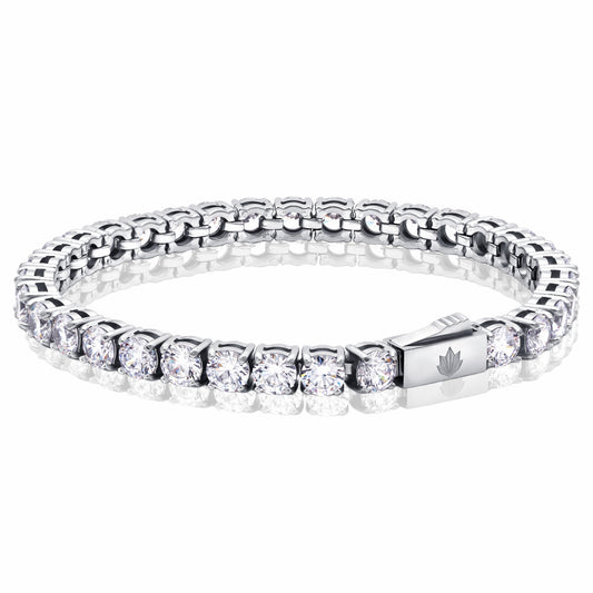 Tennis Silver Bracelet 5mm Round Cut Cubic Zirconia crystals tarnish-free and waterproof on a white background.