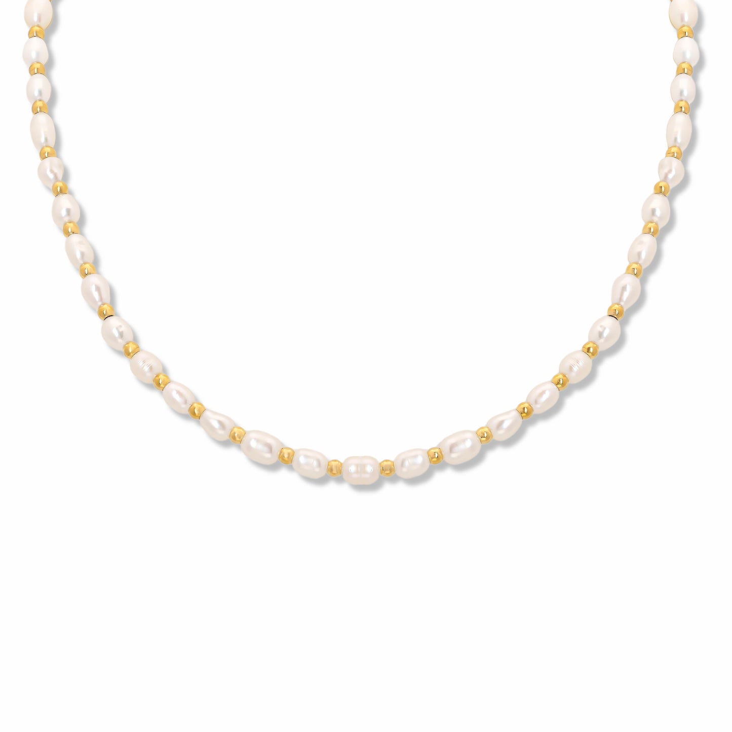Gold Bead Pearl Necklace on white background