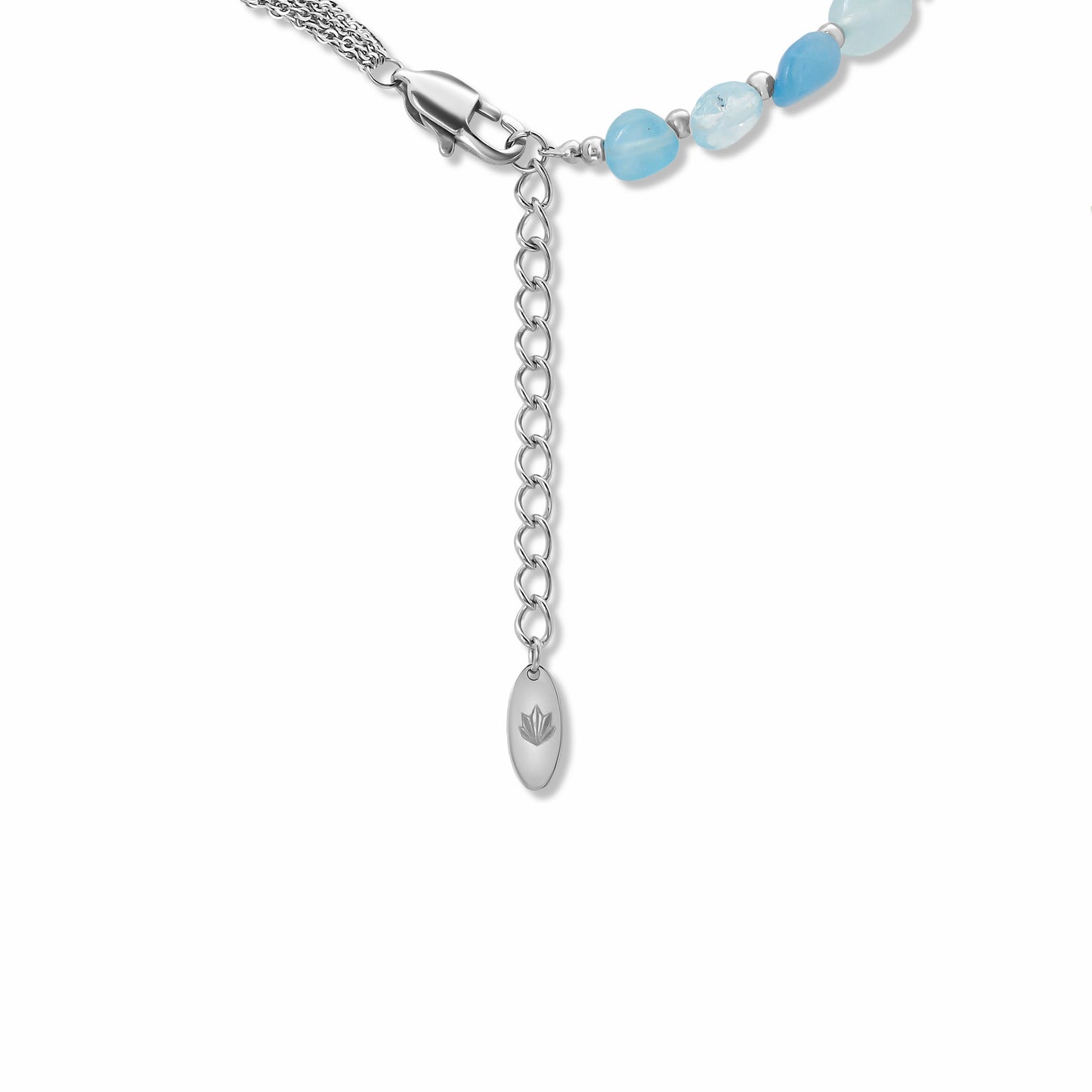Aquamarine Stone & Pearl Beaded Necklace clasp with extender and Crysttal logo tag