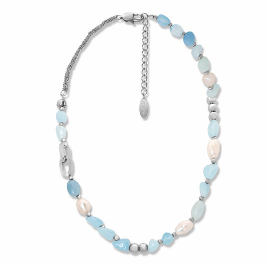 Aquamarine Stone & Pearl Beaded Necklace on white background