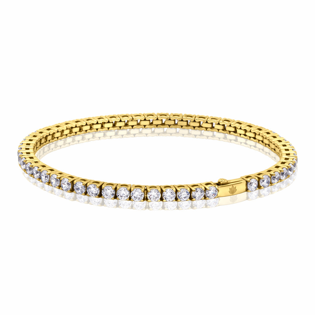 Tennis Gold Bracelet 3mm Round Cut AAAAA Cubic Zirconia crystals tarnish-free and waterproof on a white background.