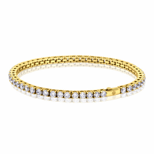 Tennis Gold Bracelet 3mm Round Cut AAAAA Cubic Zirconia crystals tarnish-free and waterproof on a white background.