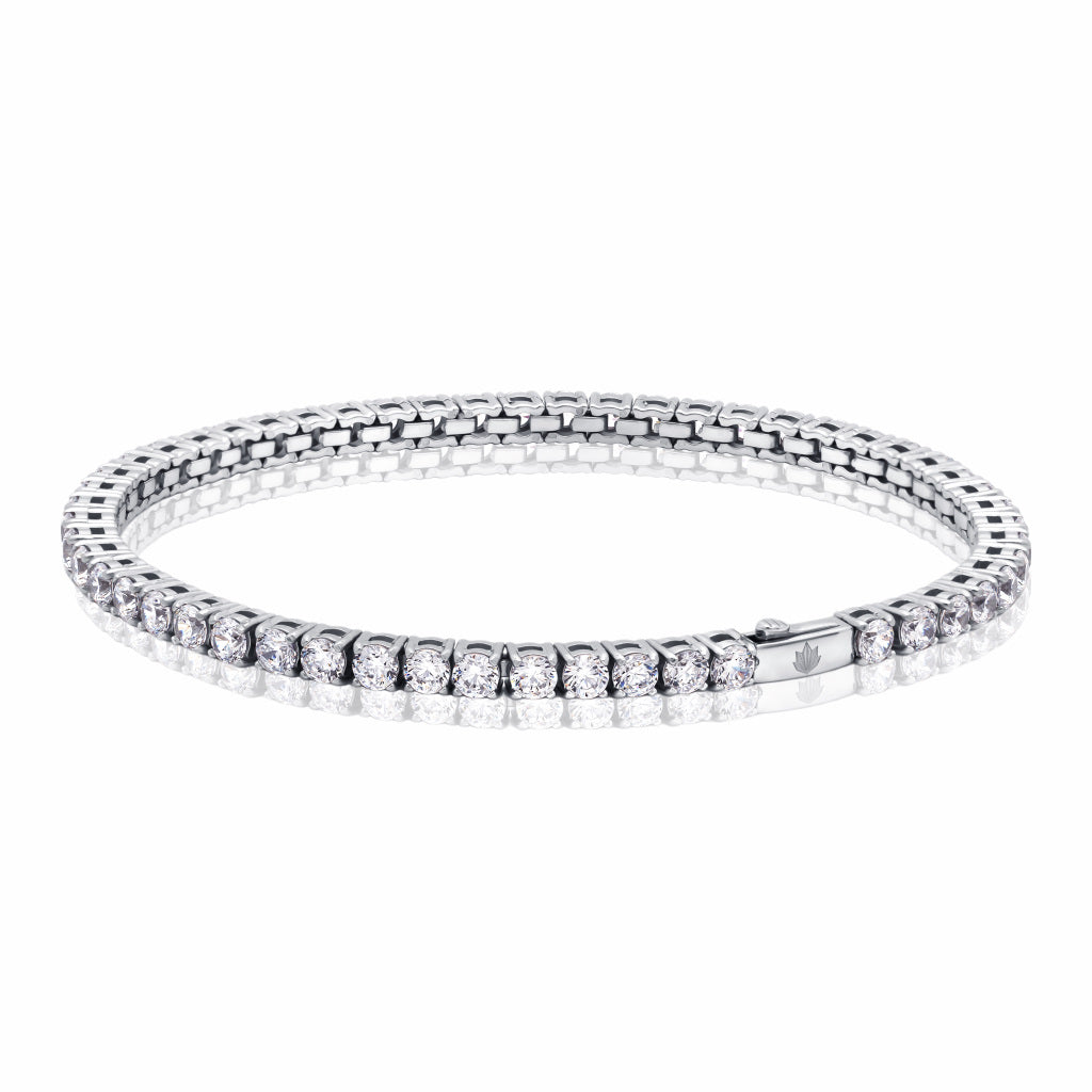 Tennis Silver Bracelet 3mm Round Cut AAAAA Cubic Zirconia crystals tarnish-free and waterproof on a white background.