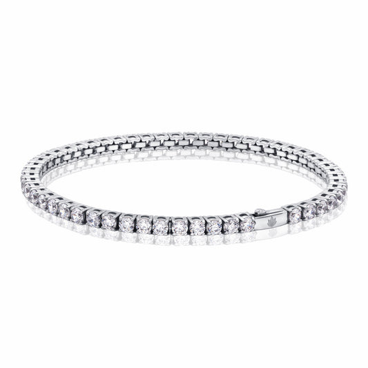 Tennis Silver Bracelet 3mm Round Cut AAAAA Cubic Zirconia crystals tarnish-free and waterproof on a white background.