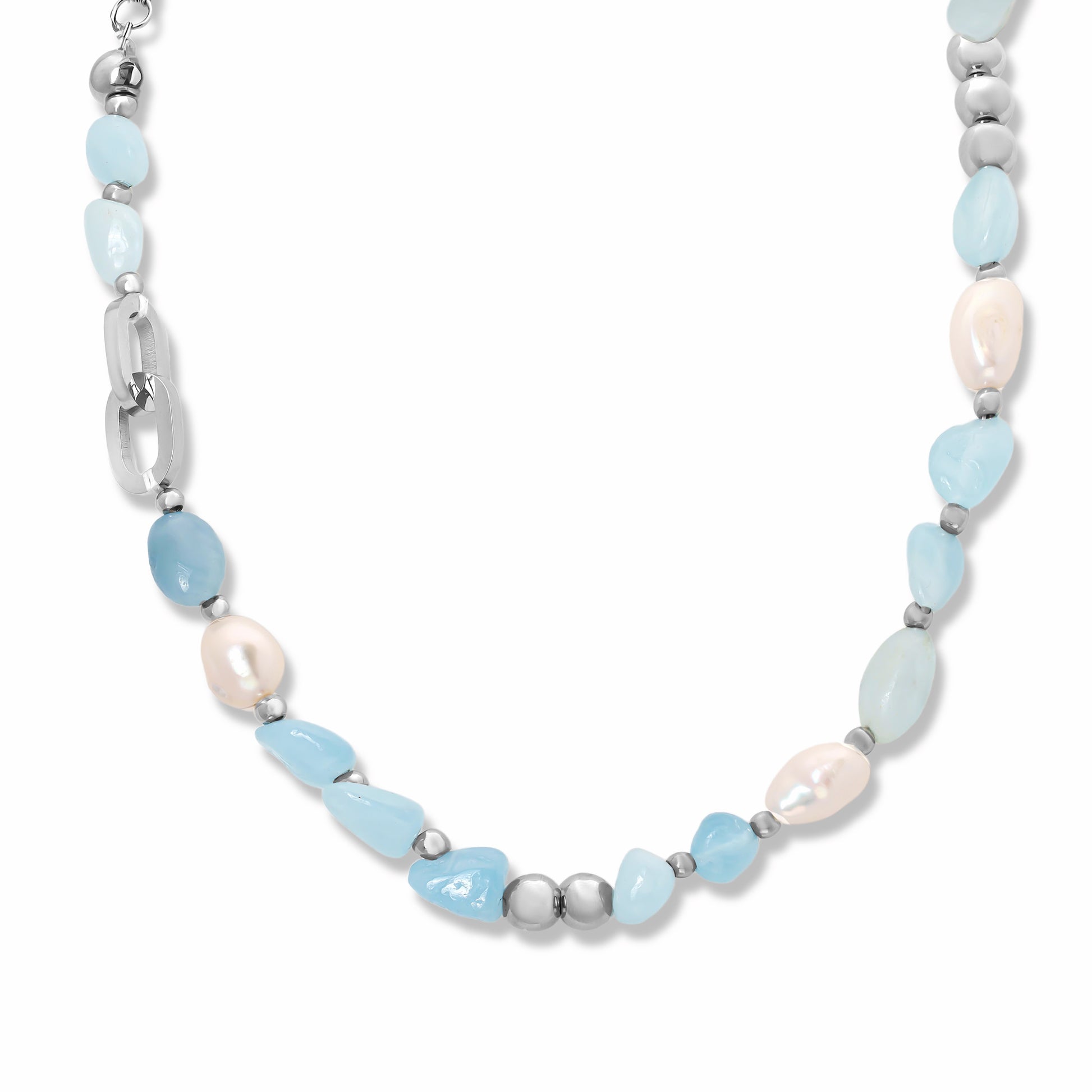 Close up image of Aquamarine Stone & Pearl Beaded Necklace on white background