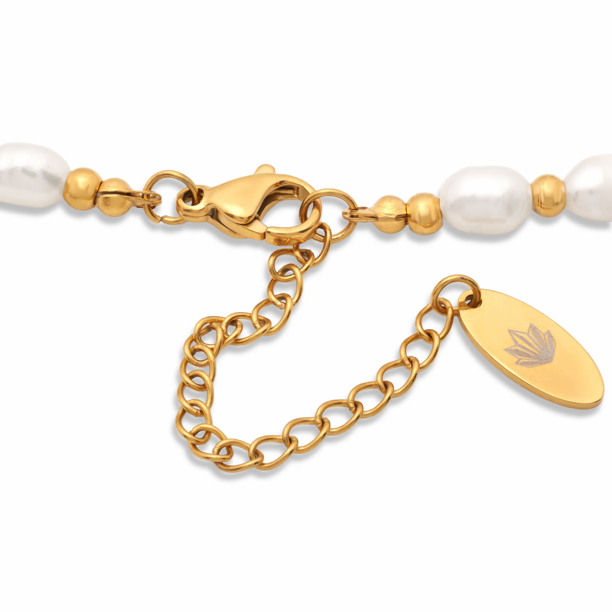 Gold Bead Pearl Necklace clasp part with extender and Crysttal logo tag
