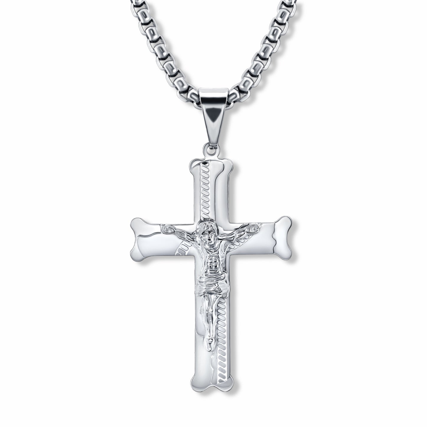 Bliss Crucifix Cross Silver Pendant with 3mm Round Box link Silver chain on white background