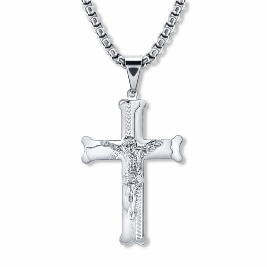 Bliss Crucifix Cross Silver Pendant with 3mm Round Box link Silver chain on white background