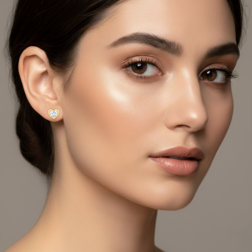 A female model's ear, showcasing a delicate Classic Heart Cubic Zirconia Gold Stud Earring. The tiny heart-shaped stud sits snugly on her earlobe, subtly sparkling.