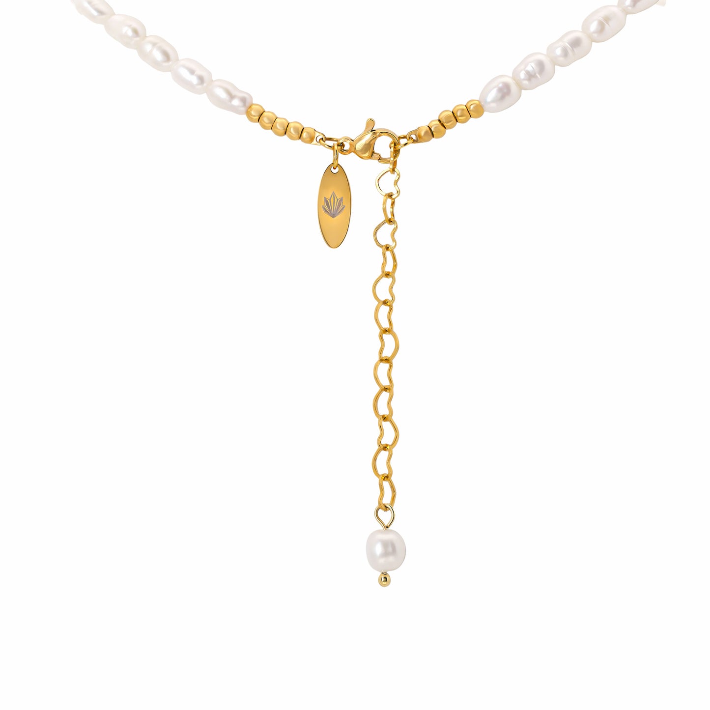 Lily of the Valley Pearl Necklace back side with clasp, extender with Crysttal logo tag