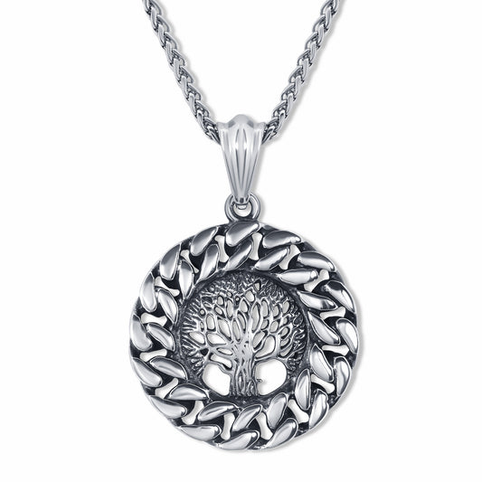 Vintage Tree of Life Silver Pendant with 3mm Spiga Silver chain on white background