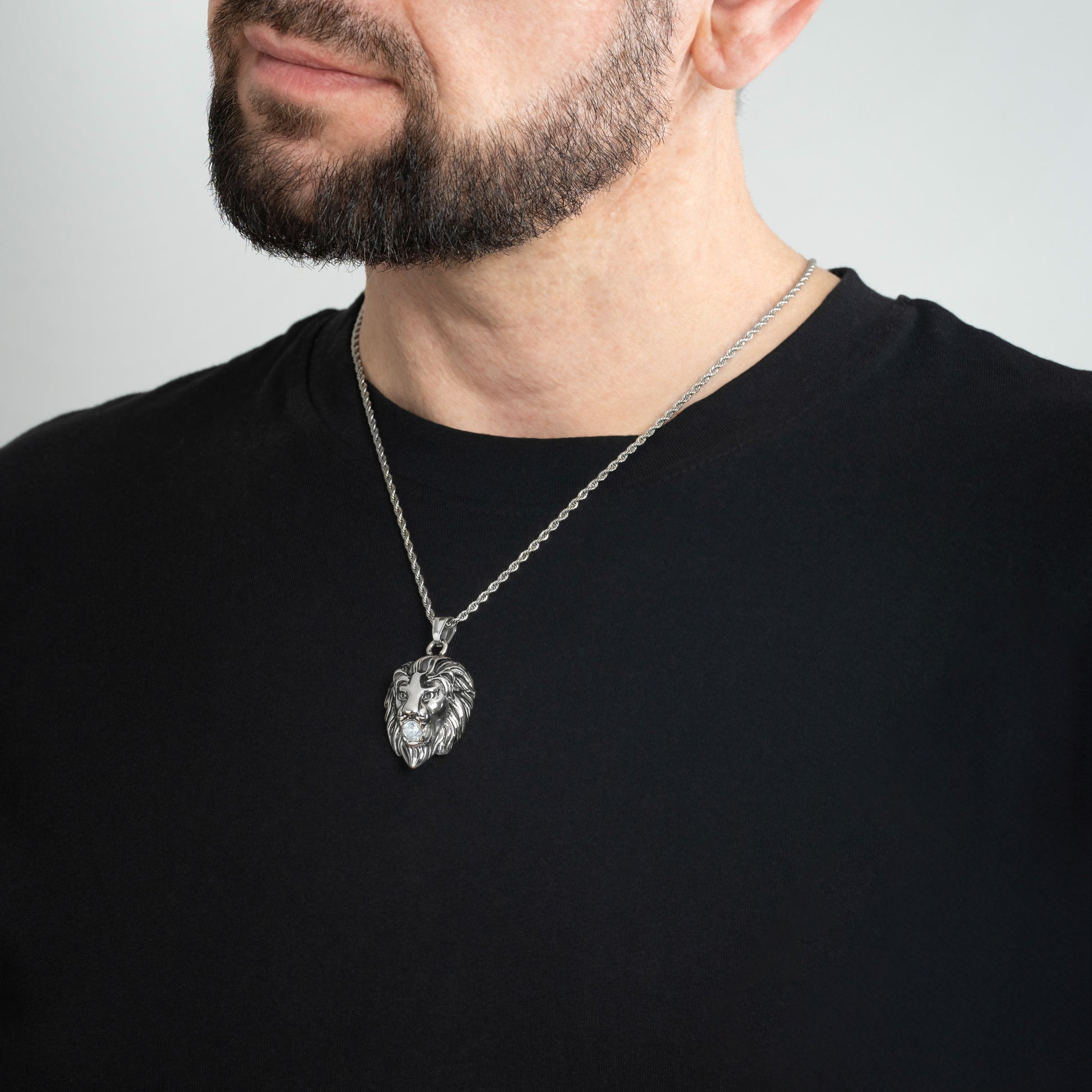 A male model in a black t-shirt wearing a Lion Head Crystal Silver Pendant with a Silver Rope chain 22 inches.