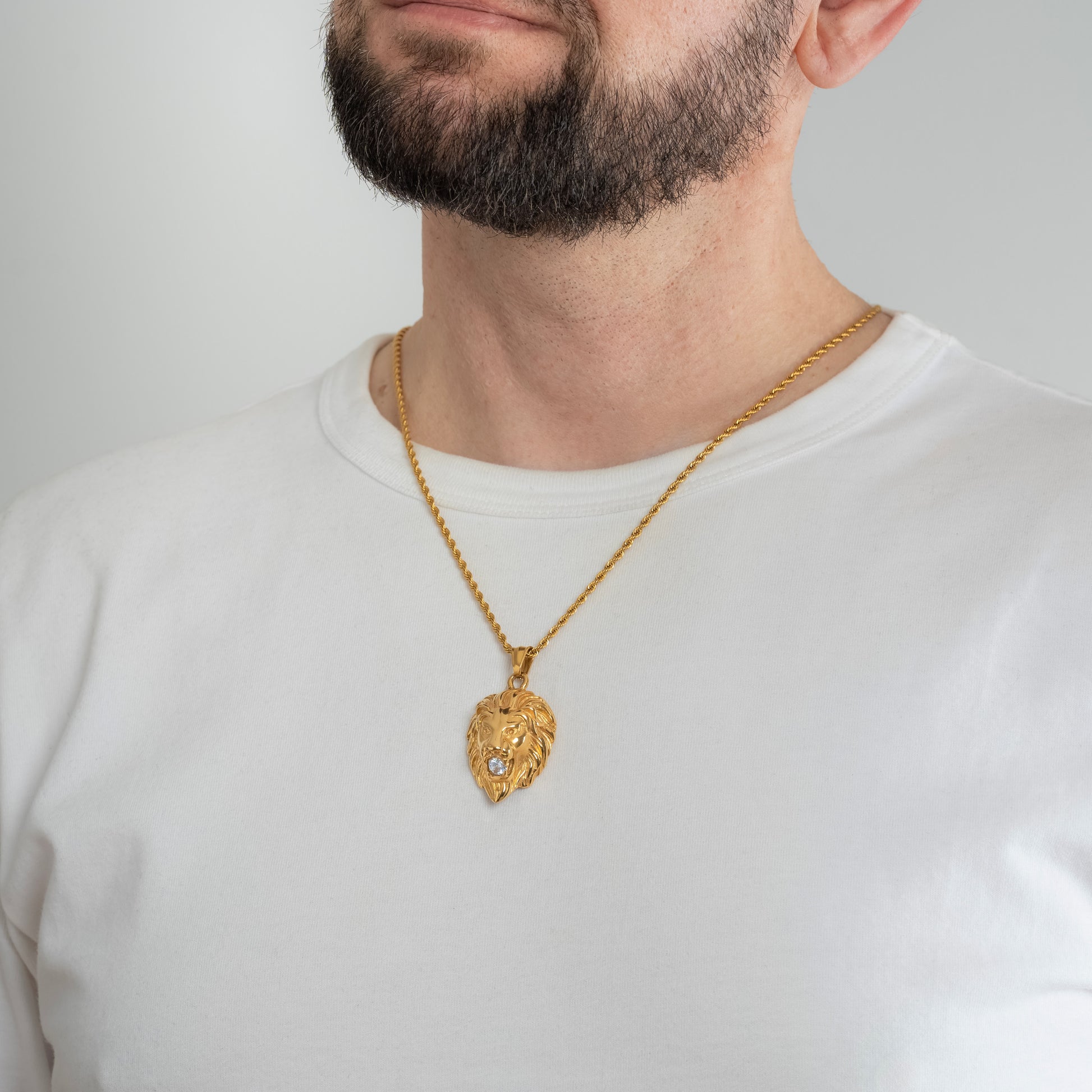 A male model in a white t-shirt wearing a Lion Head Crystal Gold Pendant with a Gold Rope chain 22 inches.