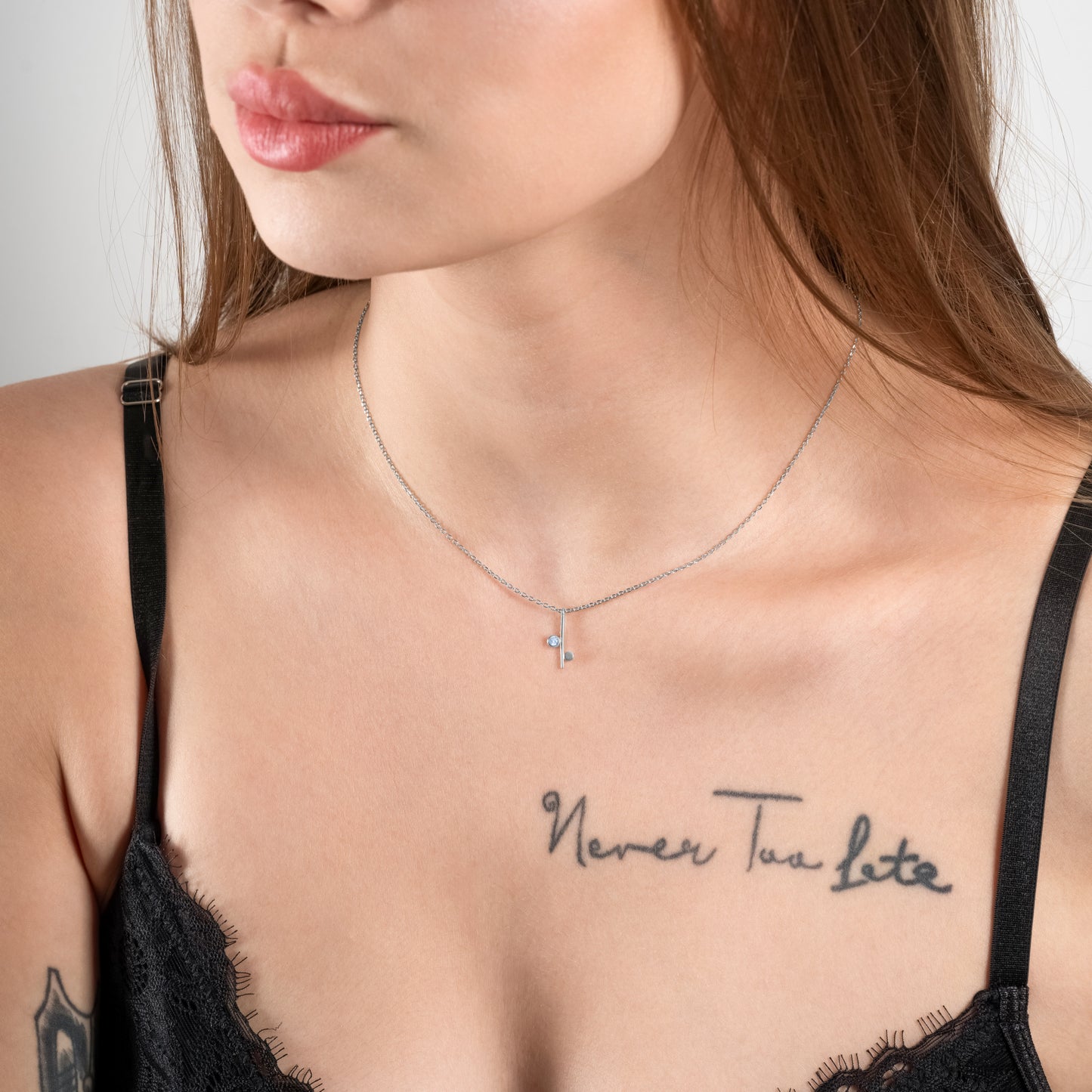 Model wearing Minimalist Bar CZ Silver Necklace
