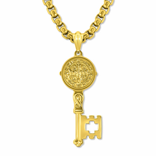 St. Benedict Key Gold Pendant and Round Box Link Gold chain on white background