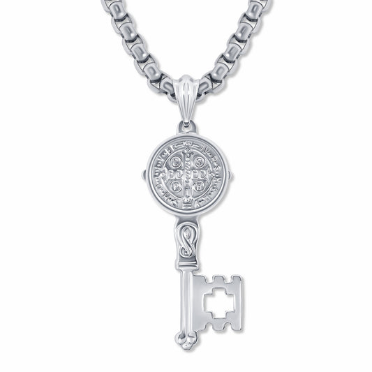 St. Benedict Key Silver Pendant and Round Box Link Silver chain on white background