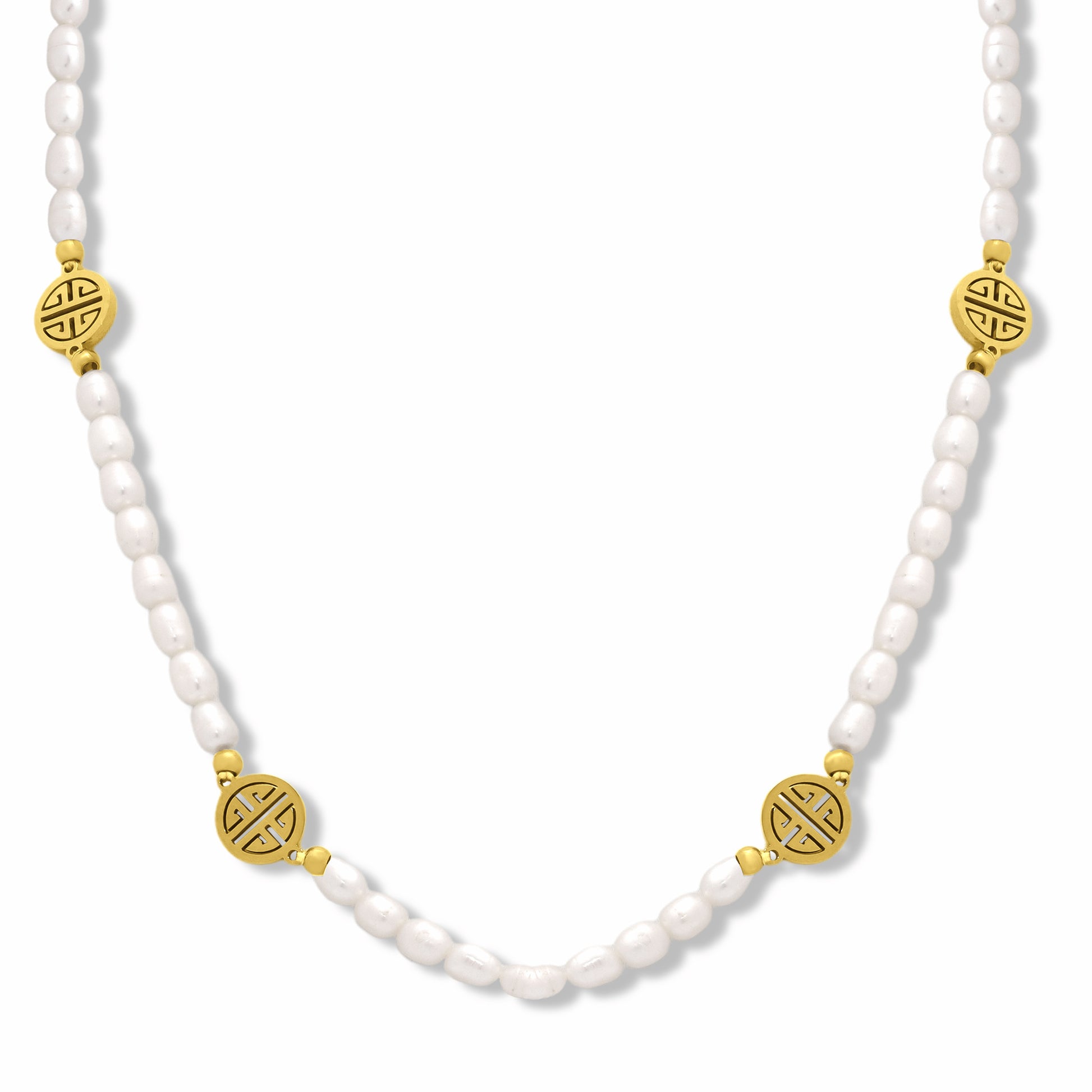 Lucky Pendant Pearl Necklace on white background. Close up.