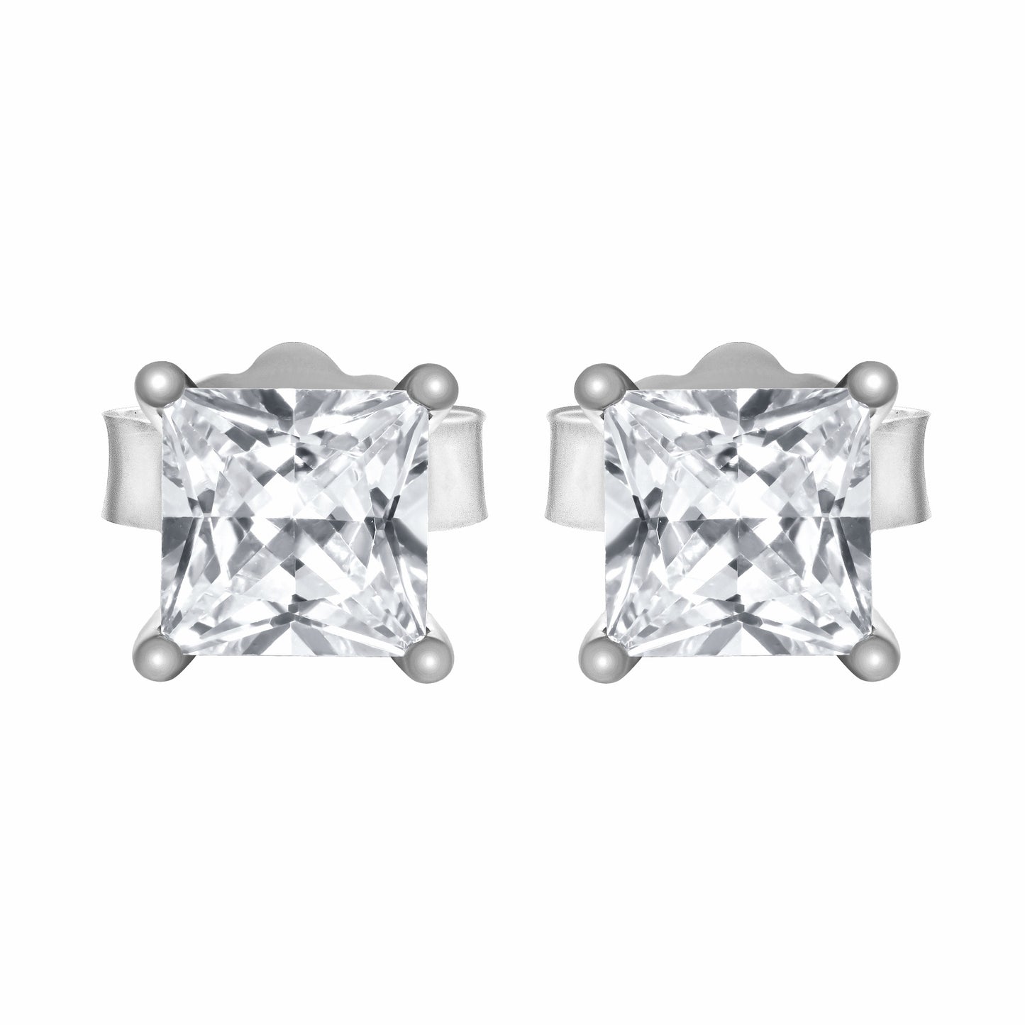 Princess Cut Silver Earrings on white background