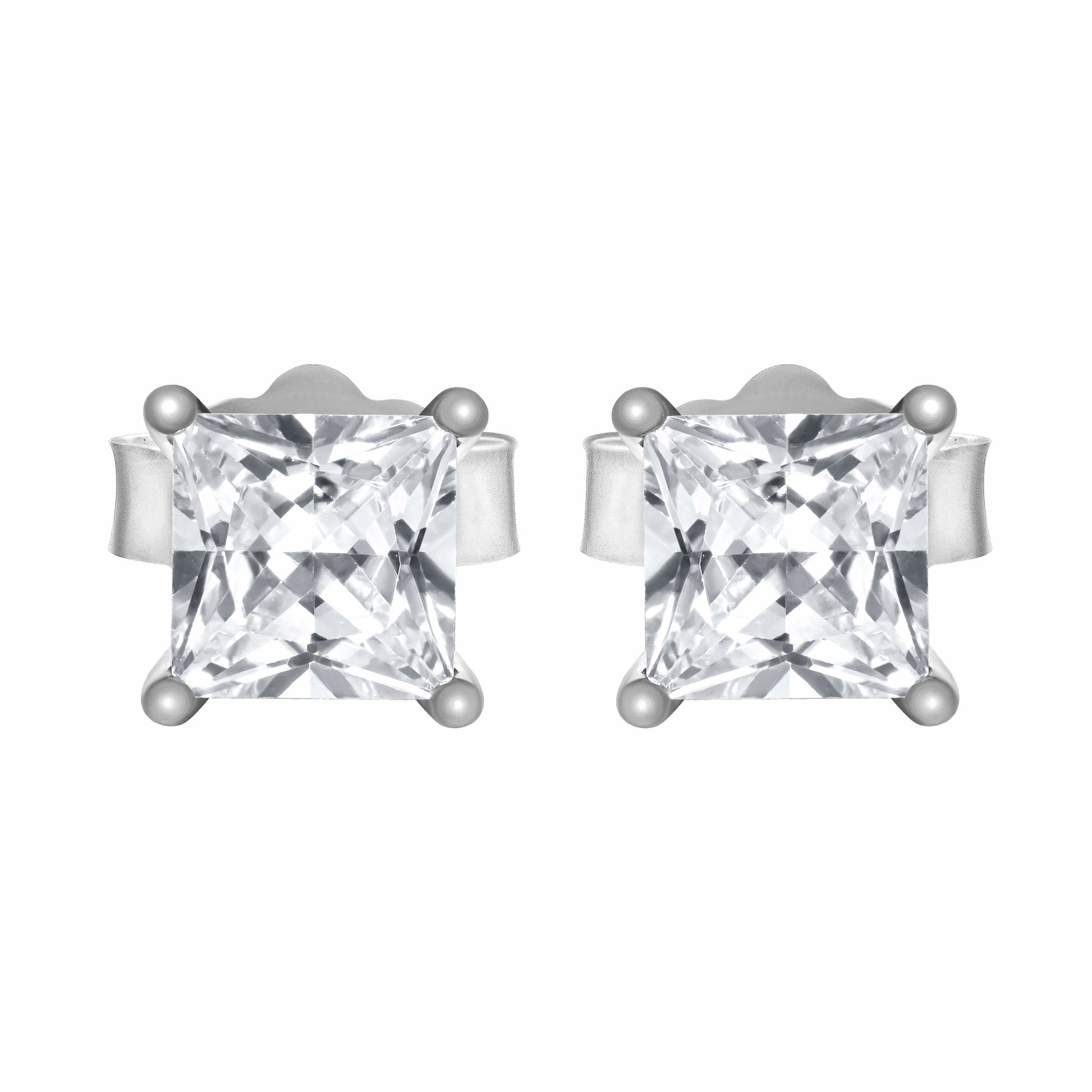 Princess Cut Silver Earrings on white background