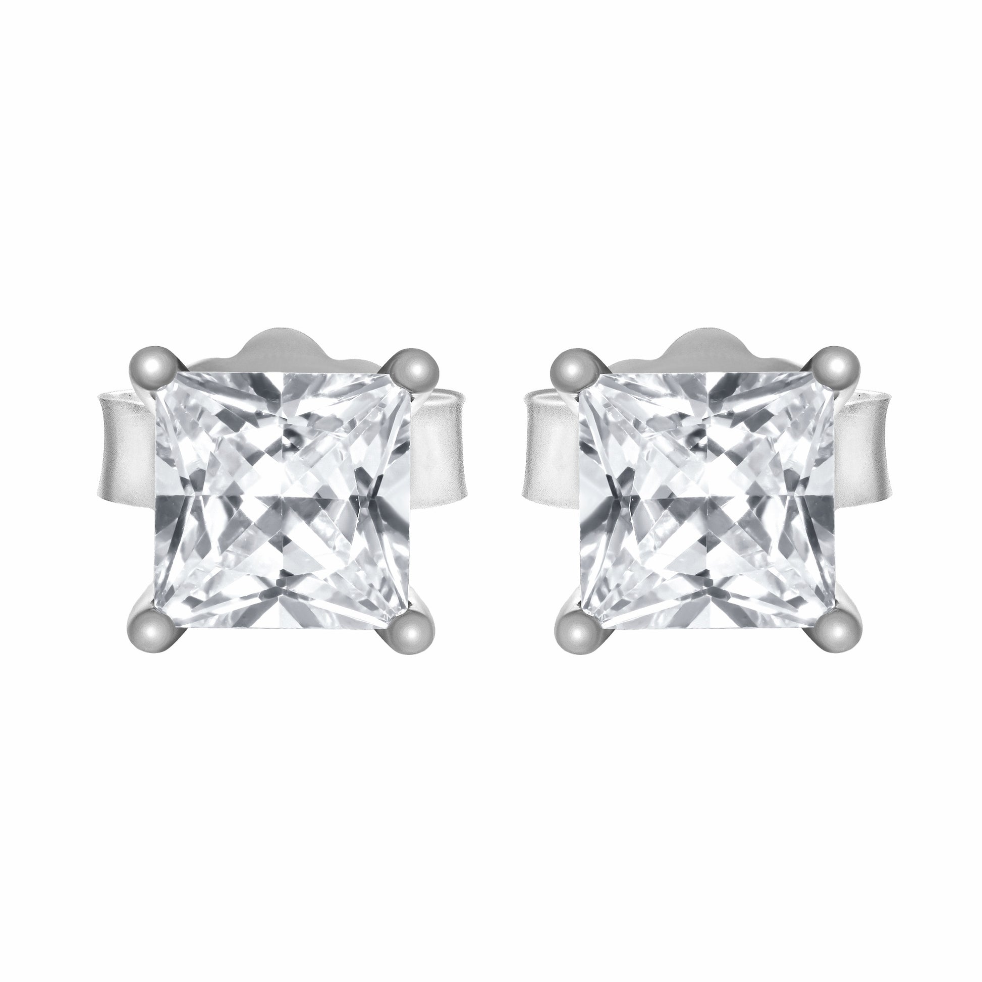 Princess Cut Silver Earrings on white background