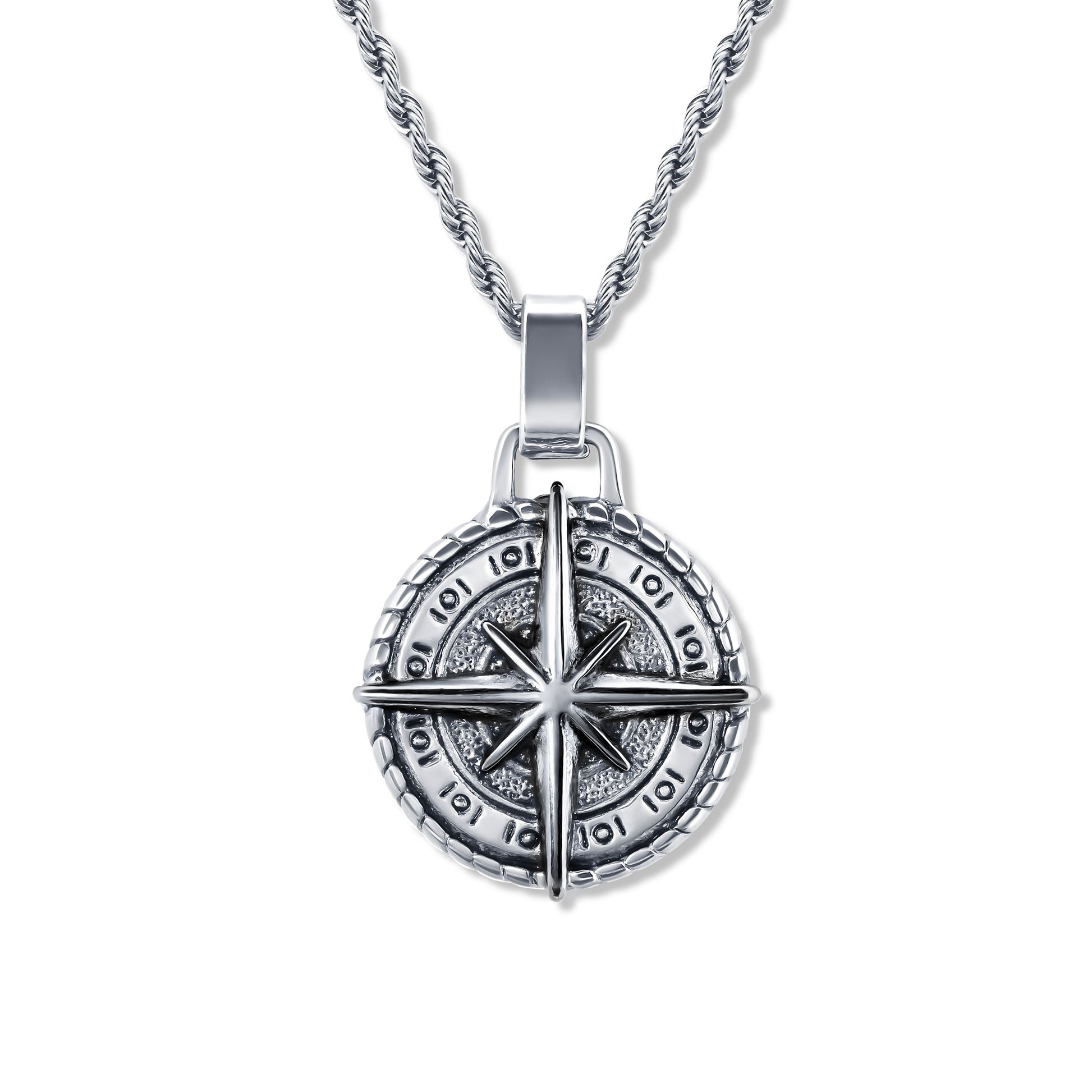 Compass North Star Silver Pendant with 3mm Silver Rope chain on white background