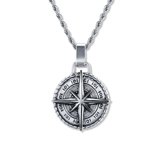 Compass North Star Silver Pendant with 3mm Silver Rope chain on white background