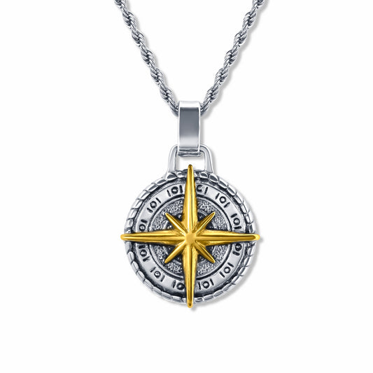 Compass North Star Pendant with 3mm Silver Rope chain on white background