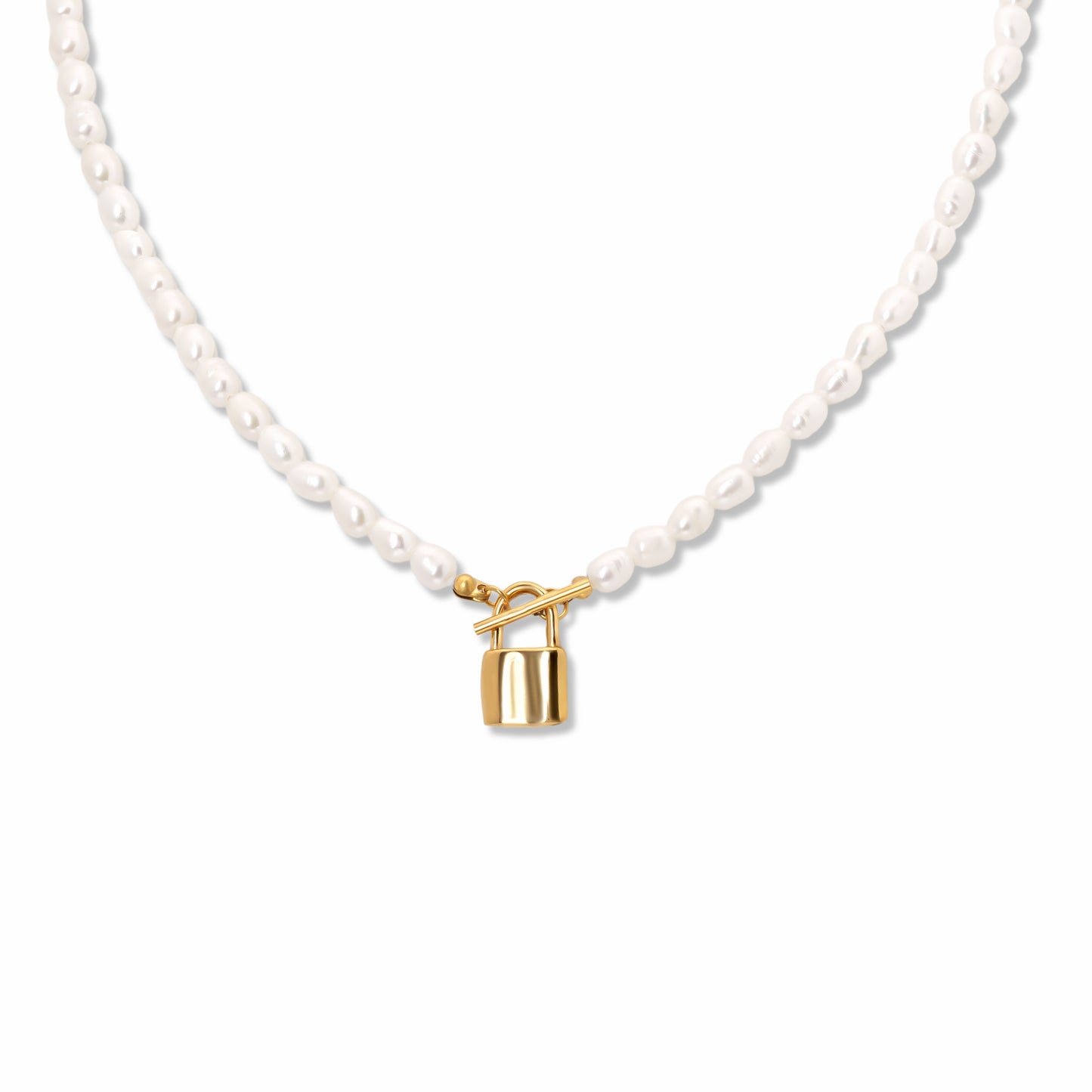 Padlock Pearl Necklace on white background. Close up image of gold padlock closure.