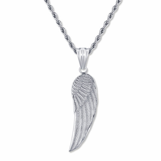 Angel Wing Silver Pendant with 3mm Rope Silver chain on white background
