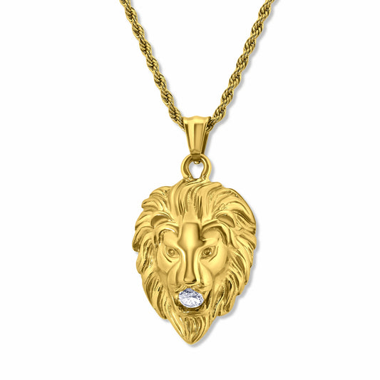 Lion Head Crystal Gold Pendant with 3mm Gold Rope chain on white background